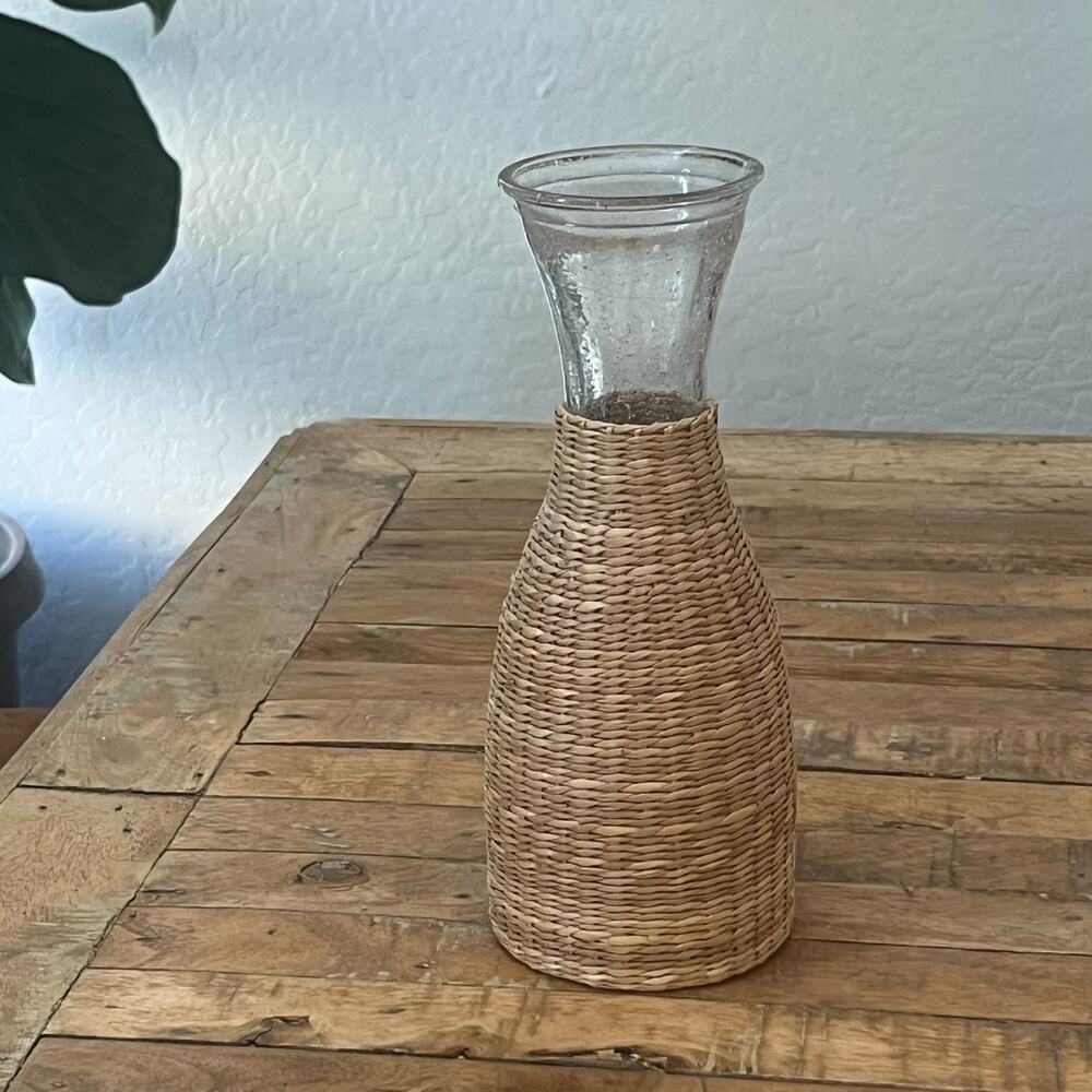 Handwoven Rattan Wrapped Bubble Glass Carafe Wine 11" Tall Beverage Boho